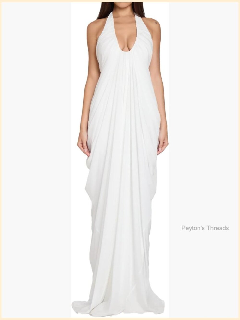 Halter Deep V-Neck Maxi Gown with Cascade Drape Floor-Length Wedding Guest Beach - Picture 1 of 7